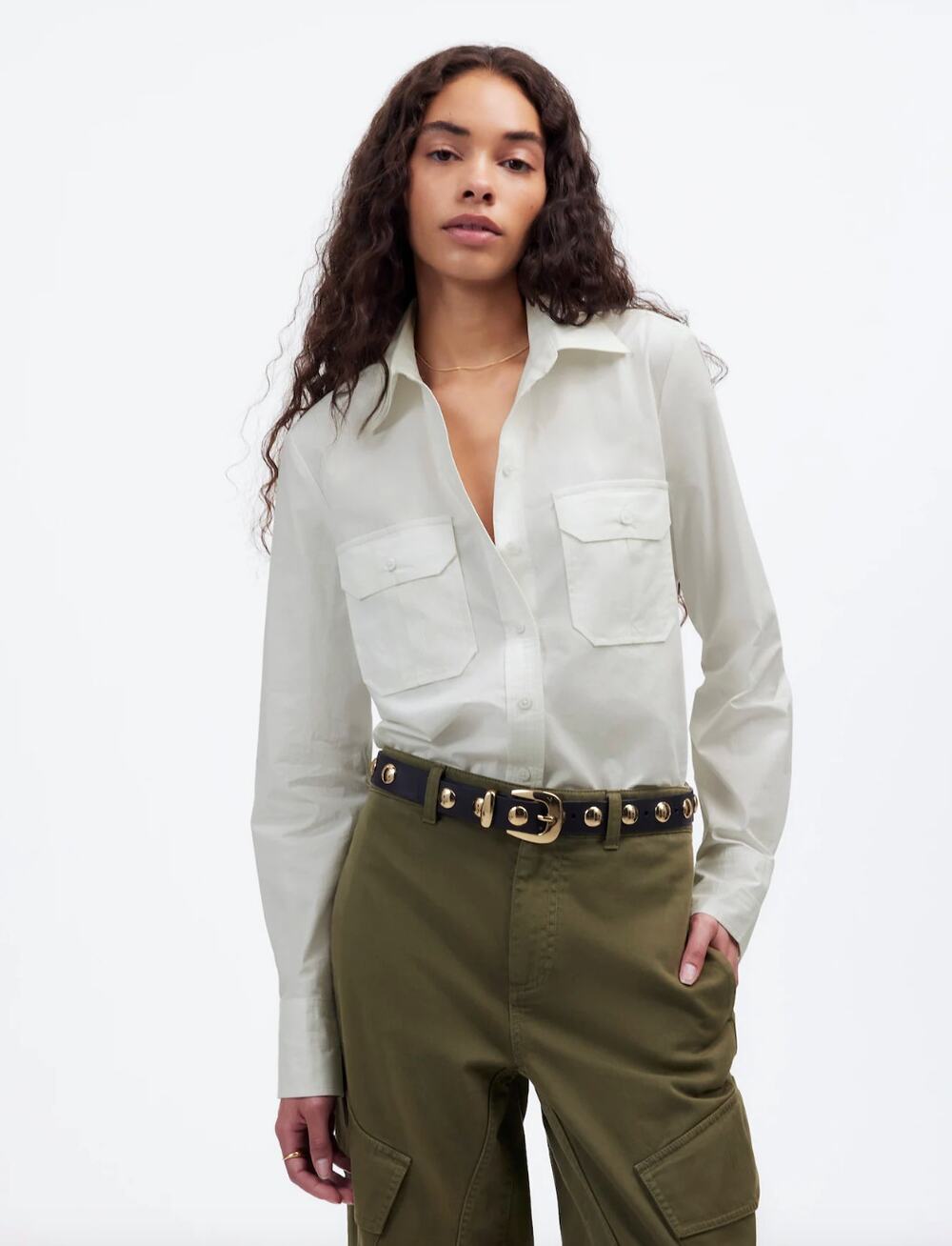 Madewell Utility Pocket Button Up Shirt Pockets Eyelet White Cotton US 6 NWT
